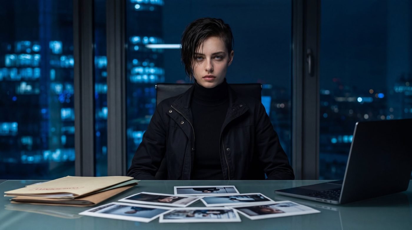 Valen at a desk of surveillance photographs, city lights behind her