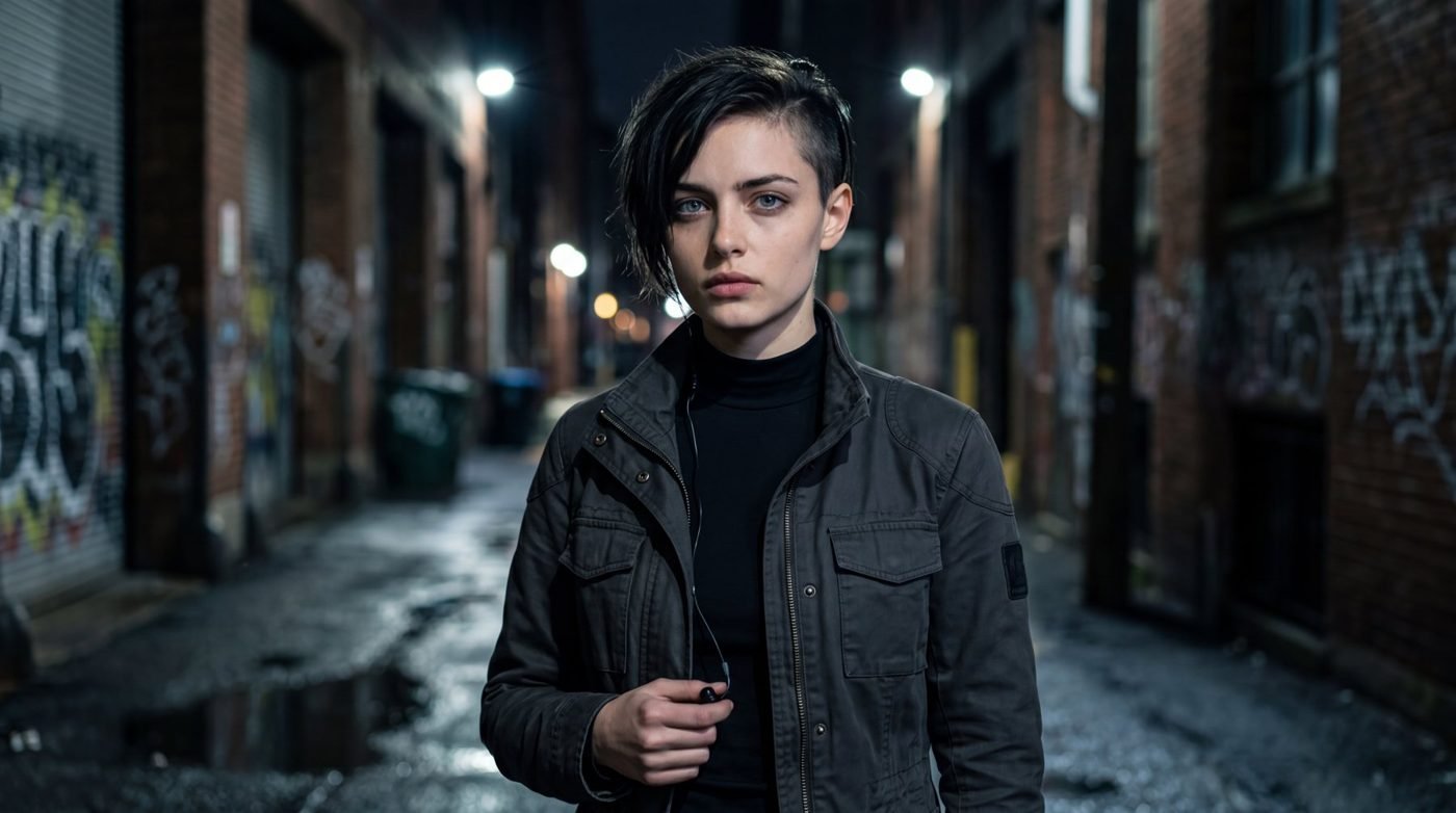 Valen in a wet alley at night