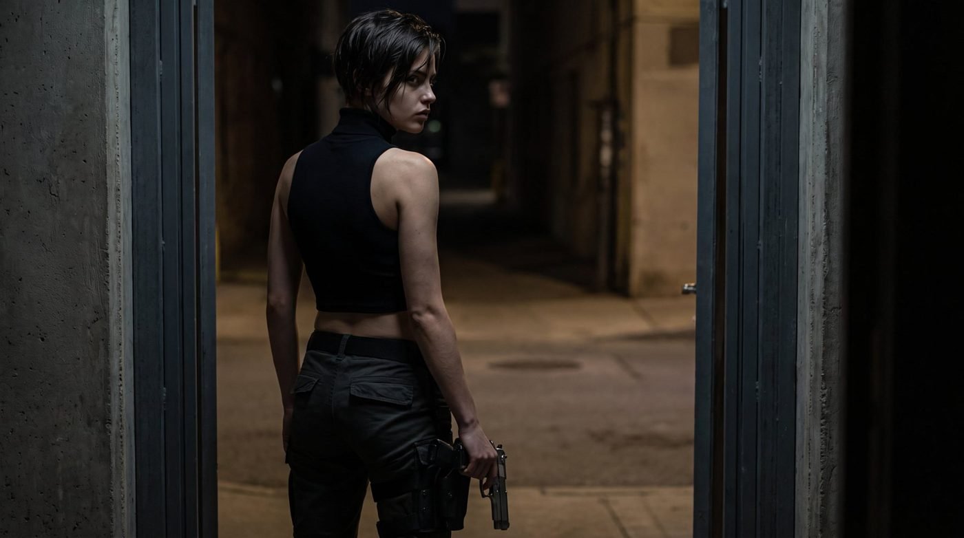Valen from behind in a doorway, pistol at her side
