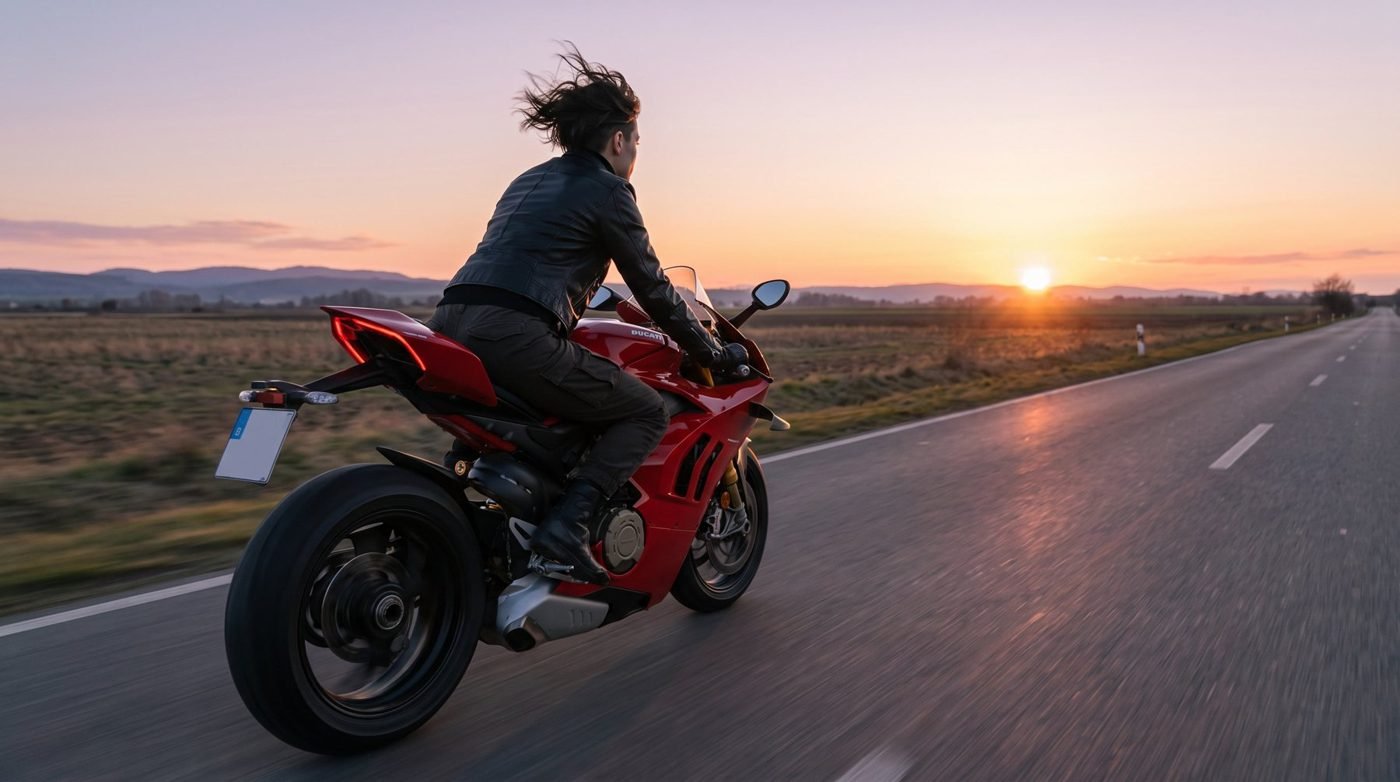 Valen riding a motorbike towards the sunset